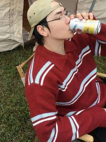 DAZY Spring Men's Striped Polo Neck Sweater With Red Base And Blue & Yellow Stripes - Multicolor - View 1