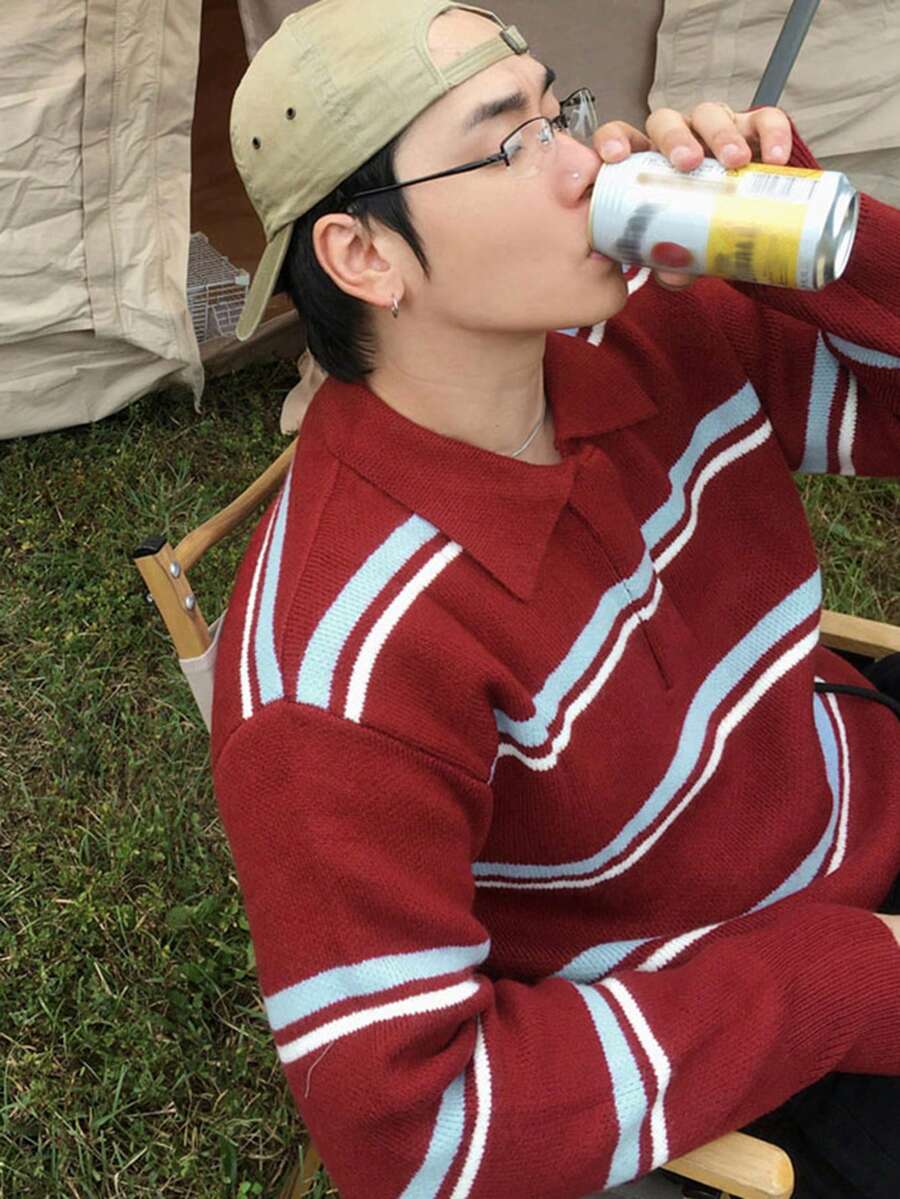 DAZY Spring Men's Striped Polo Neck Sweater With Red Base And Blue & Yellow Stripes - Multicolor - View 1