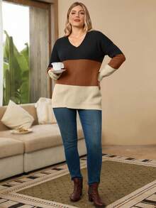 Rosumi Suéter de punto de parchwork y bloques de color talla grande, informal para otoño/invierno - Multicolor - Ver 3