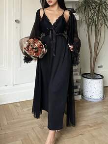 SHEIN Women 2 Pieces Set Ruffled Long Sleeve Top And Spaghetti Strap Dress Pajamas - Black - View 1