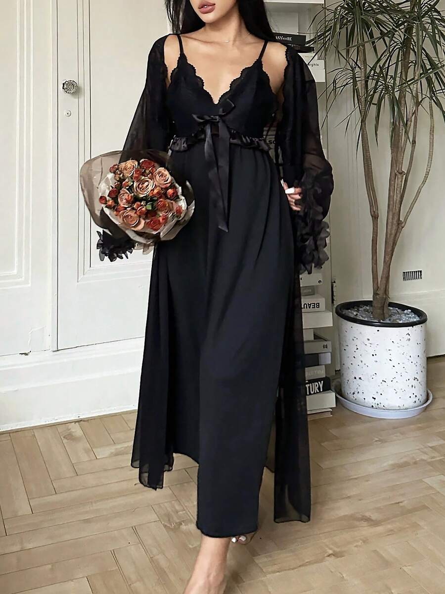 SHEIN Women 2 Pieces Set Ruffled Long Sleeve Top And Spaghetti Strap Dress Pajamas - Black - View 1