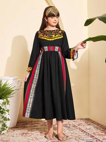 Tween Girl Black Autumn Boho Wedding Guest Dress Luxurious Retro Floral Gold Sequins Round Neck Elastic Waist Festive Occasion Luxurious Design - Black - View 6