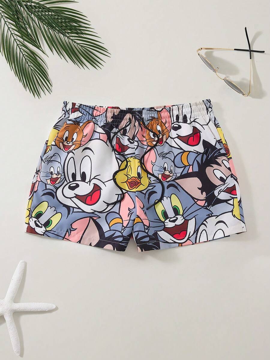 TOM & JERRY X SHEIN Men's Casual Cartoon Graphic Drawstring Waist Slant Pocket Loose Beach Shorts, Summer - Multicolor - View 1