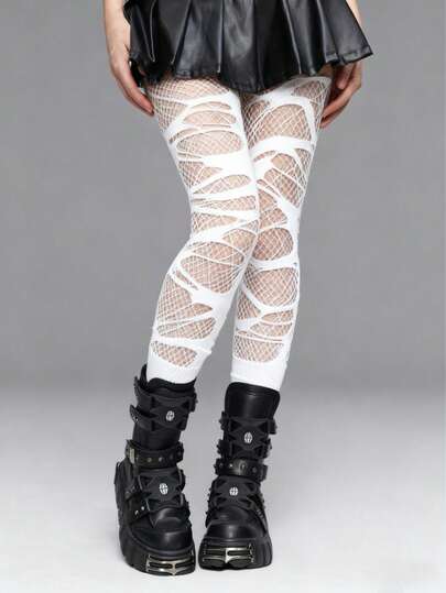 Grunge Punk 1 pezzo Completo in stile punk, 1 paio di calzini a rete bianchi a piccoli quadrati in stile minimalista + 1 paio di collant bianchi strappati, combinazione versatile di calzini in stile Y2K, adatti per uso quotidiano e da festa