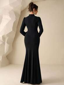 Coutiva Women's Mandarin Collar Rhinestone 3D Bow Decor Pleated Elegant Formal Mermaid Evening Dress Elegant Black Dresses For Women Long Sleeve Elegant Dress Rhinestone Dress Luxury Dress For Women Diamond Dress - Black - View 3