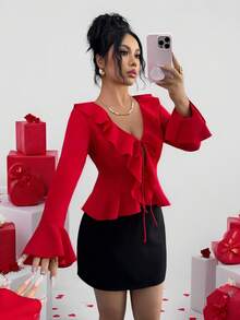 Rafferiza 女士优雅复古休闲外出约会V领荷叶边长袖喇叭袖蝴蝶结腰部显瘦法式浪漫圣诞节情人节衬衫 - 紅色 - 查看 3