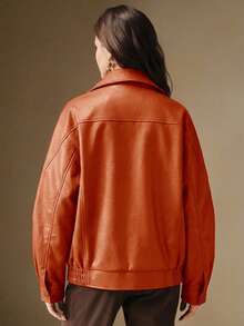 Anewsta Women's Casual Fashion Street Chic PU Leather Lapel Zip-Up Riding Jacket, Autumn - Orange - View 2