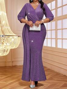 Fleurora 大码女式优雅 V 领修身紫色长裙，适合派对冬装女式新年女装舞会礼服女士优雅派对礼服曲线派对礼服长款派对礼服闪光礼服紫色礼服 - 紫色 - 查看 5