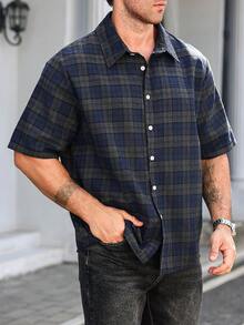 Manfinity Homme Men's Plaid Simple Casual Short Sleeve Shirt - Navy Blue - View 4