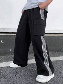 SHEIN 儿童/青少年男童休闲百搭舒适彩色织带字母直筒宽松纯色长裤，适合通勤、上学、日常休闲、旅行、运动，春夏秋冬皆宜。 - 彩色 - 查看 6