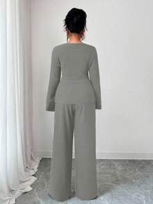 Elenzga Plus Size Women's French Casual Elegant Textured Chiffon Long Sleeve 2-Piece Set, Autumn/Winter Modest Two Piece Set Long Sleeve 2 Piece Set Grey 2 Piece Set Elegant 2 Piece Set 2 Piece Sets Woman Classy - Grey - View 2