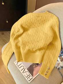 Resyla Damen Lässig Einfarbiger Zopfstrick Pullover, Herbst/Winter - Gelb - Übersicht 2