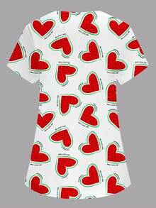 PopScrub Women's White V-Neck Short Sleeve Double Pocket Cute Heart, Watermelon Cartoon Print, Floral Print, Nurse/Doctor Uniform Top/ Examination Surgical Uniform/Solid Color Pet Grooming Uniform Top/Nutritionist Scrubs Short Sleeve/Multi-Pocket Functional Lab Coat, Functional Women's Holiday Outfit, Adorable, Casual