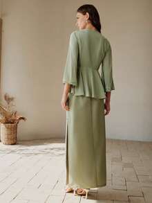 Anewsta Women's Middle Eastern Party Elegant Elegant Waist Ruffle Sleeve Straight Pleated Embroidered Light Green 2-Piece Set - Green - View 2