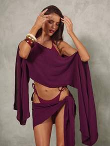 Aloruh 女士新款优雅性感沙滩装，两件套泳衣罩衫套装，纯紫色吊带上衣和系带裹身裙，女士度假装 - 中紫紅色 - 查看 9