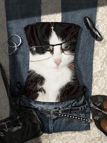 Glimmora Women's Fashionable Cat Print Tube Top, Summer - Multicolor - View 1