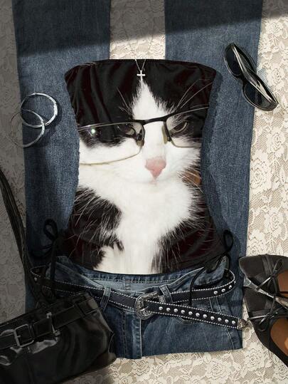 Glimmora Women's Fashionable Cat Print Tube Top, Summer