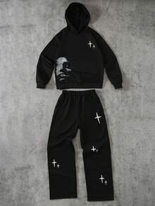Coolqubz Bộ 2 áo hoodie rộng rãi họa tiết và quần có túi bên hông, trang phục thể thao thường ngày cho bé trai tuổi teen, mùa xuân/thu - màu đen - Xem 1