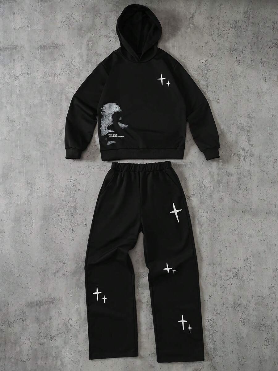 Coolqubz Bộ 2 áo hoodie rộng rãi họa tiết và quần có túi bên hông, trang phục thể thao thường ngày cho bé trai tuổi teen, mùa xuân/thu - màu đen - Xem 1