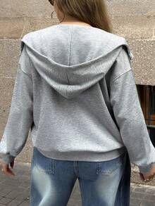 SHEIN EZwear 大码连帽运动衫，正面带拉链和口袋，纯色，长袖，休闲 - 灰色 - 查看 2