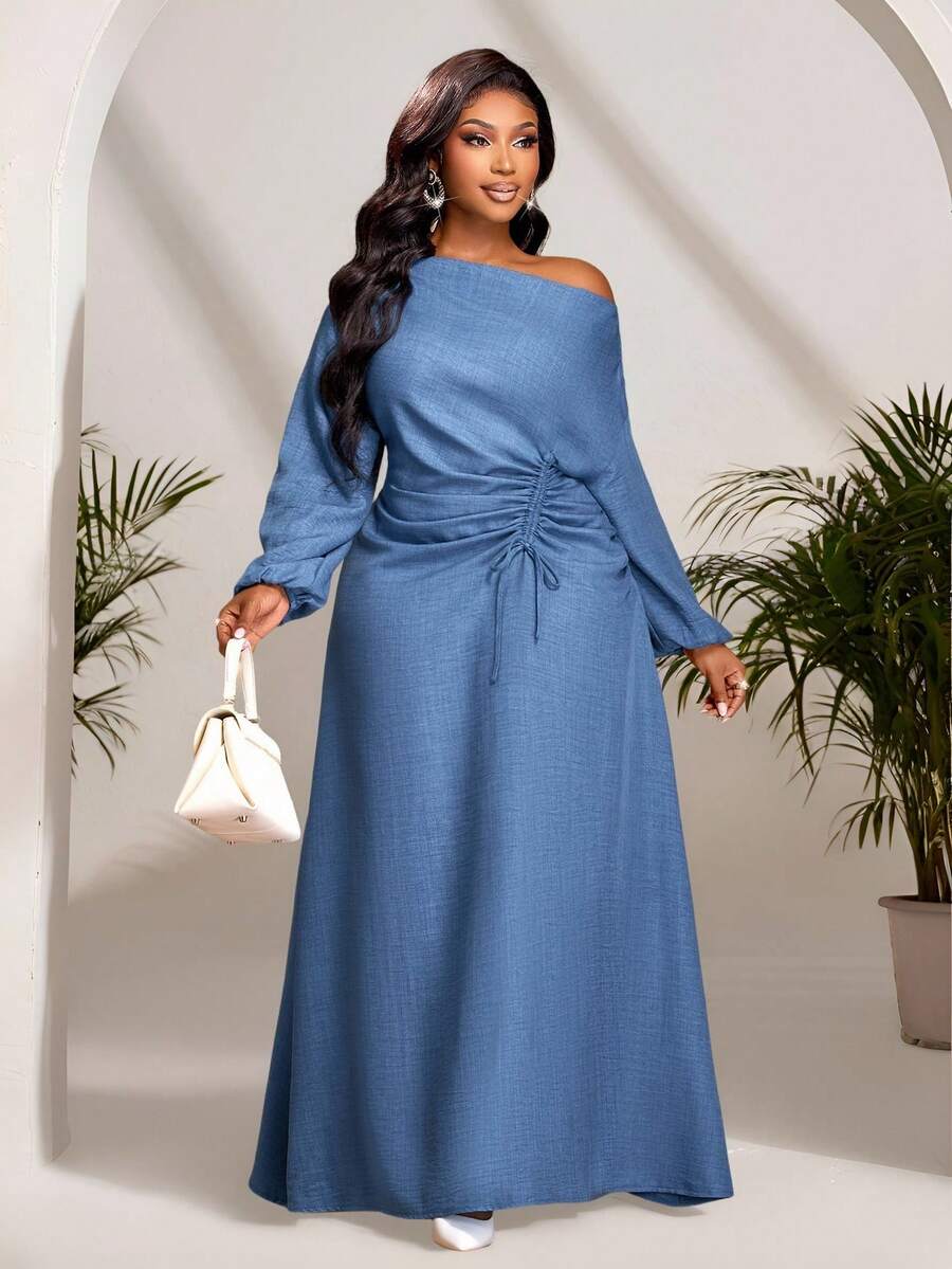 Brilight Damen Einfarbiges Kleid mit asymmetrischem Kragen, Langarm und plissiertem Saum - Grau-Blau - Übersicht 1