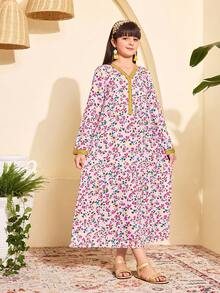 1-Piece Tween Girl Fashion Traditional Versatile Spring/Fall Pink Floral Print Gold Thread Embroidered V-Neck Long-Sleeve Maxi Dress - Multicolor - View 6