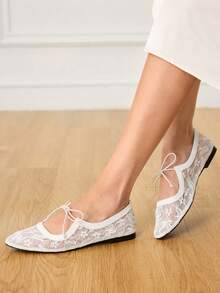 CUCCOO HITCHD 2025 New Mesh Breathable Bowknot Lace-Up Decor Square Toe Casual Comfortable Versatile Elegant Women Flat Shoes For Christmas - White - View 7