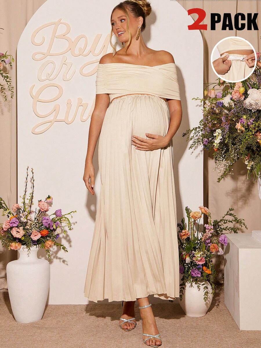 Loomaby 2pcs Maternity Elegant Off-Shoulder Cropped Top And Skirt Set, Autumn,Gender Reveal Dress,Maternity Dress, Baby Shower Dress Babyshower Dress Maternity Beige Maternity Dress Boho Maternity Dress Pregnancy Dress For Photoshoot,Maternity Clothes