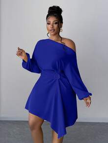 Maweii Elegant Ruched Waist Dress With Asymmetric Hem, Puff Sleeves And Rose Floral Decor, Minimalist Design For Everyday Wear And Commuting, Plus Size - Royal Blue - View 4