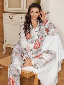 Serenescape Vacation Style Women Floral Print Bubble Collar Cardigan Long Sleeve Pajama Set - Multicolor - View 5