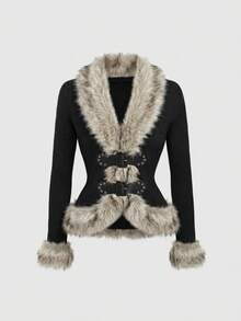 ROMWE Vintage Hippie Patchwork Fuzzy Cardigan Shirt For Women - Khaki - View 5