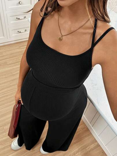 SHEIN Maternity Casual Solid Color Sleeveless Jumpsuit, Summer