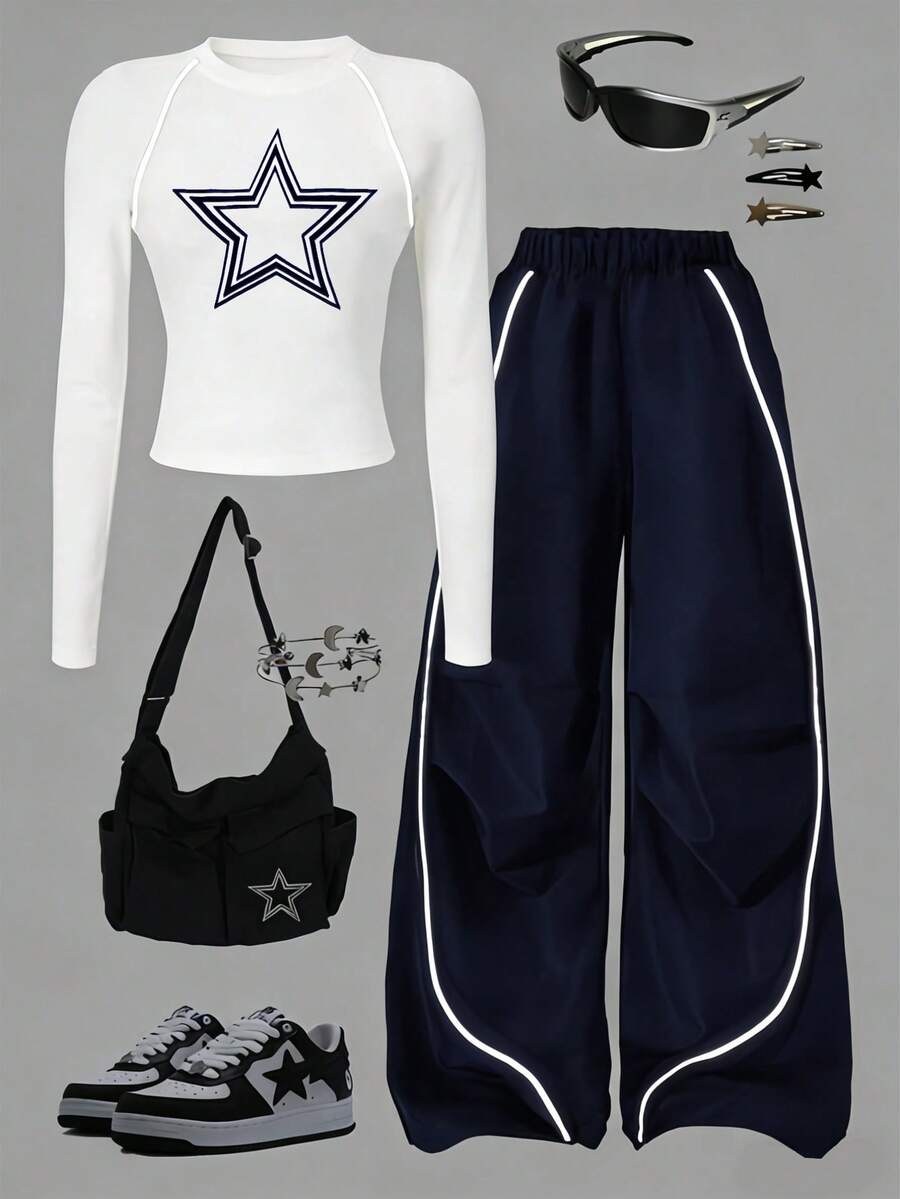 Sparklyn Bộ đồ thường ngày cho nữ tuổi teen gồm 2 món - Áo thun in hình ngôi sao trắng + Quần dài, có đường kẻ trang trí màu bạc, phát sáng trong bóng tối, thích hợp cho đi dạo, mua sắm, đi học, có thể phối cùng áo khoác hoặc áo vest. - Xanh đậm - Xem 1