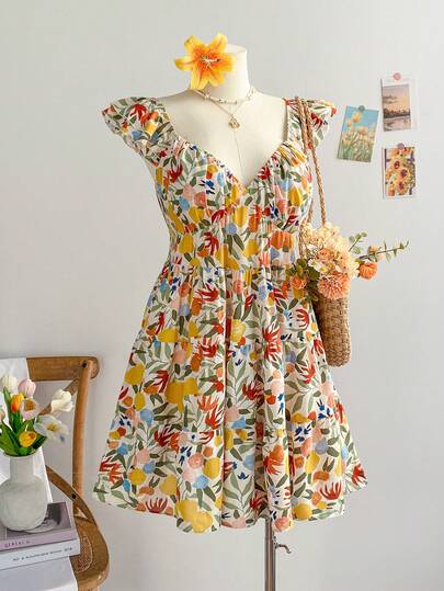 Soleia Đầm mini dáng chữ A không tay, buộc dây phía sau, in họa tiết hoa nhiều màu sắc dành cho nữ cỡ lớn, thích hợp cho mùa xuân/hè.