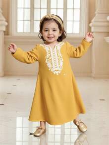 Loose Casual Retro Pattern Notched-Neck Long Sleeve Dress For Baby Girl - Yellow - View 5