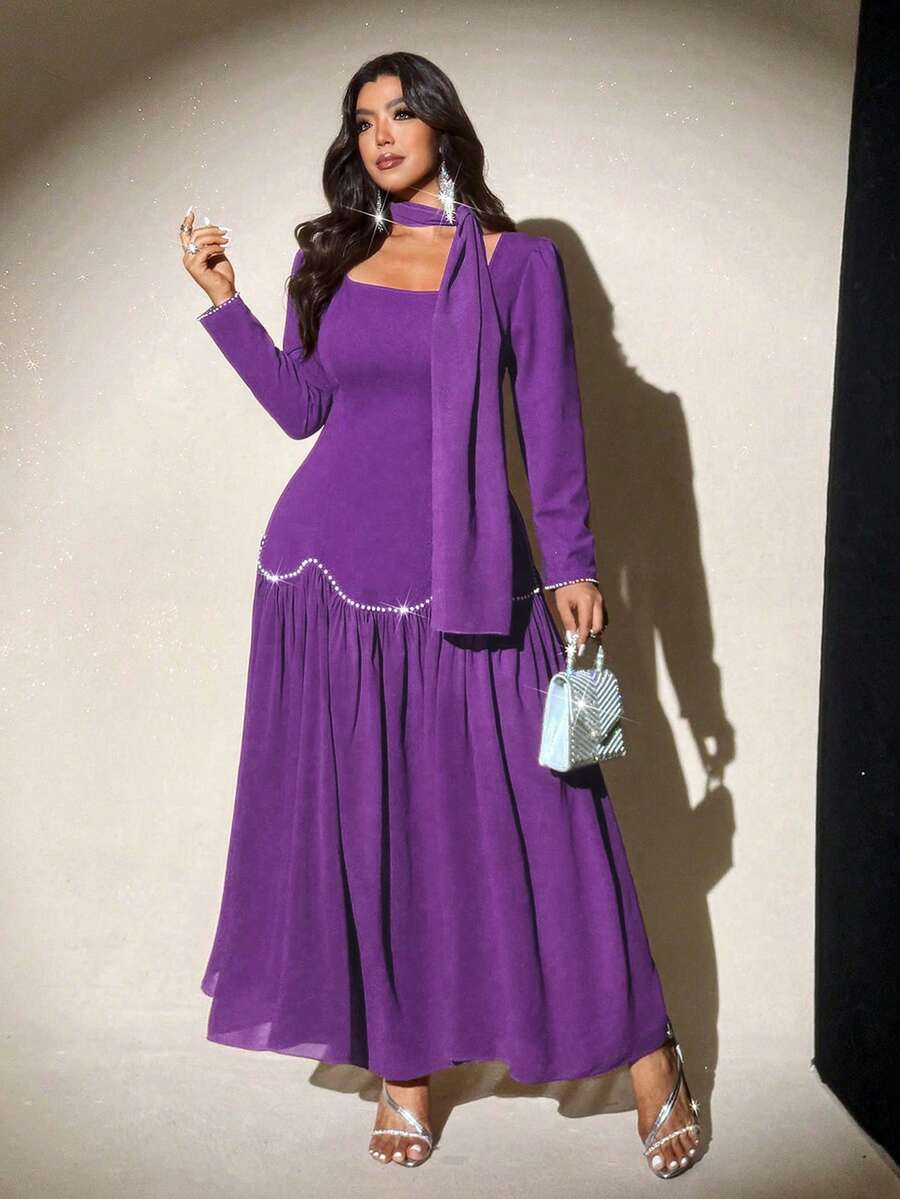 Viva Relle 大码秋冬派对礼服，婚礼宾客长袖泡泡袖方领收腰A字珍珠装饰优雅浪漫精致雪纺飘逸长裙 - 紫色 - 查看 1