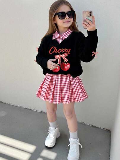 Elladie kids 两件套女童樱桃字母图案衬衫领长袖卫衣搭配格子百褶裙，可爱休闲甜美简约春秋季穿搭