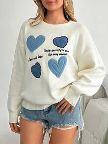 SHEIN SWEATER WITH DENIM HEART APPLIQUE EMBOIDERY - White - View 3