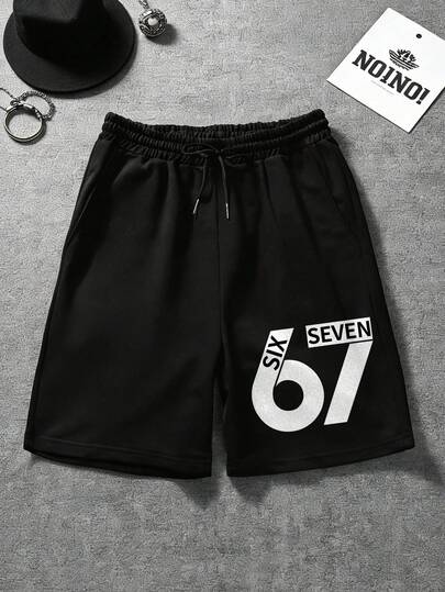 Manfinity Dauomo Men's Summer Casual Sports Shorts With Drawstring Waist And Numeric & Letter Graphic