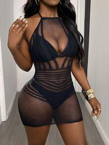 Swim SXY 女士性感无袖镂空网纱连体衣，黑色时尚露背紧身衣，春夏休闲度假薄纱沙滩罩衫 - 黑色 - 查看 5
