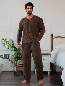 DAZY Brown T-Shirt With Men's Loungewear Set, Spring/Autumn - Coffee Brown - View 4