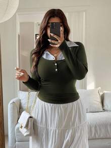 Vionelle Maglietta casual a maniche lunghe con patchwork in stile francese, taglie comode per donna - Verde militare - Visualizzare 3