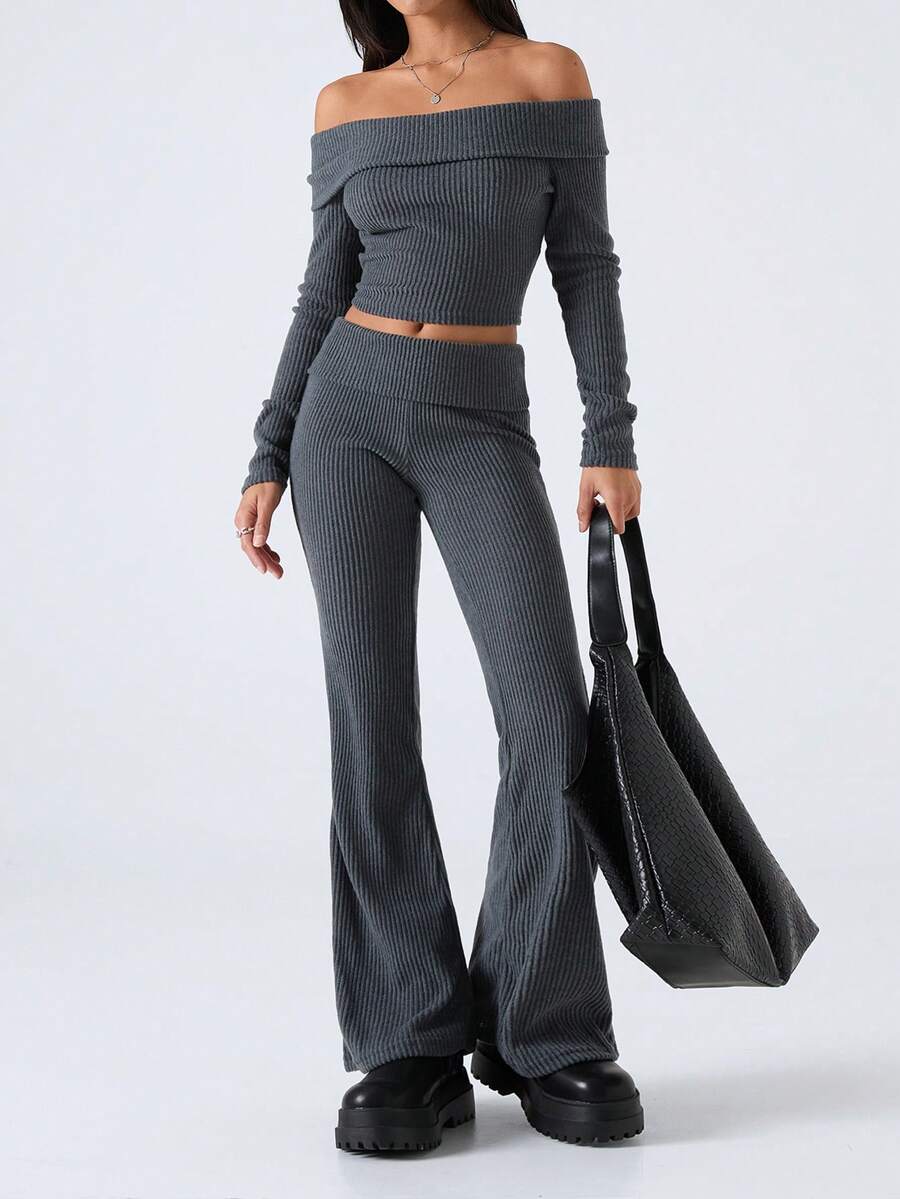 SHEIN EZwear 2 件套女士纯色露肩长袖短款上衣和喇叭裤时尚套装，春夏 - 灰色 - 查看 1