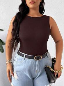 Elenzga Canotta aderente in maglia a costine di colore unito, casual e semplice, adatta per l'uso quotidiano e per il pendolarismo, disponibile in taglie comode per donne - Castano - Visualizzare 3