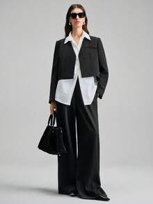 Ontre 2026春夏新款女士梭织面料西装外套，H型设计，长袖，黑色，宽松版型，适合情人节、婚礼季、独立日、都市时尚、通勤简约风等场合。 - 黑色 - 查看 3