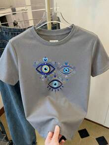 Camiseta de Manga Corta  con Estampado de Ojos Azules y Corazones para Mujer Estilo Casual Verano - Gris - Ver 2
