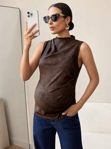 MaterniWear Maternity Clothes Maternity Tops Elegant Office Attire For Commuting Summer Ancient Tie-Dye Printed Camisole, Dark Brown Top, Brown Top, Women's Leather Top, Turtleneck Top, Sleeveless Top - Brown - View 6