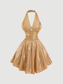 SHEIN MOD Women's V-Neck Bodycon Gold Tight Dress,Carnival Clothes,Carnival Women Look 2026,Spring/Summer Outfits, Tea Party Outfit Women, Holidays, Birthday,Party Outfits,Prom Dress,Sequin Dress,Sequin Dress,Country Concert Outfit,Date Night Dress,Valentine Outfits For Women,Tea Party Dress,Sparkly Dress - Gold - View 5