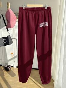 Comfortcana Red Plus Size Women's Thermal Lined Printed Sweatpants, Autumn/Winter - Red - View 4