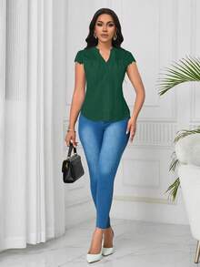 Lunelith SHEIN Lunessa Blus Wanita Lengan Pendek Bergaris Gelombang dengan Motif Renda Elegan - Olive Green - View 7